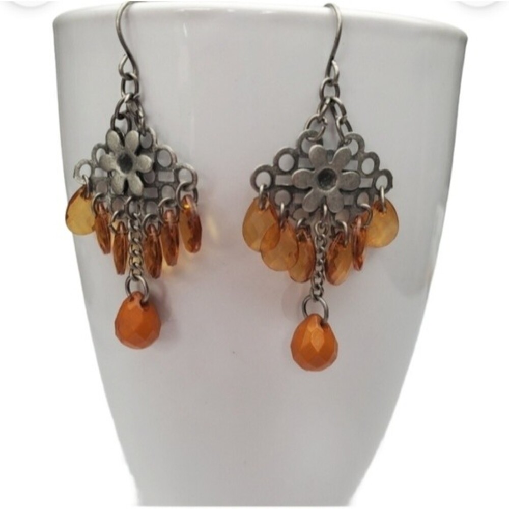 Vintage Style Dangling Chandelier Earrings Amber Silver *